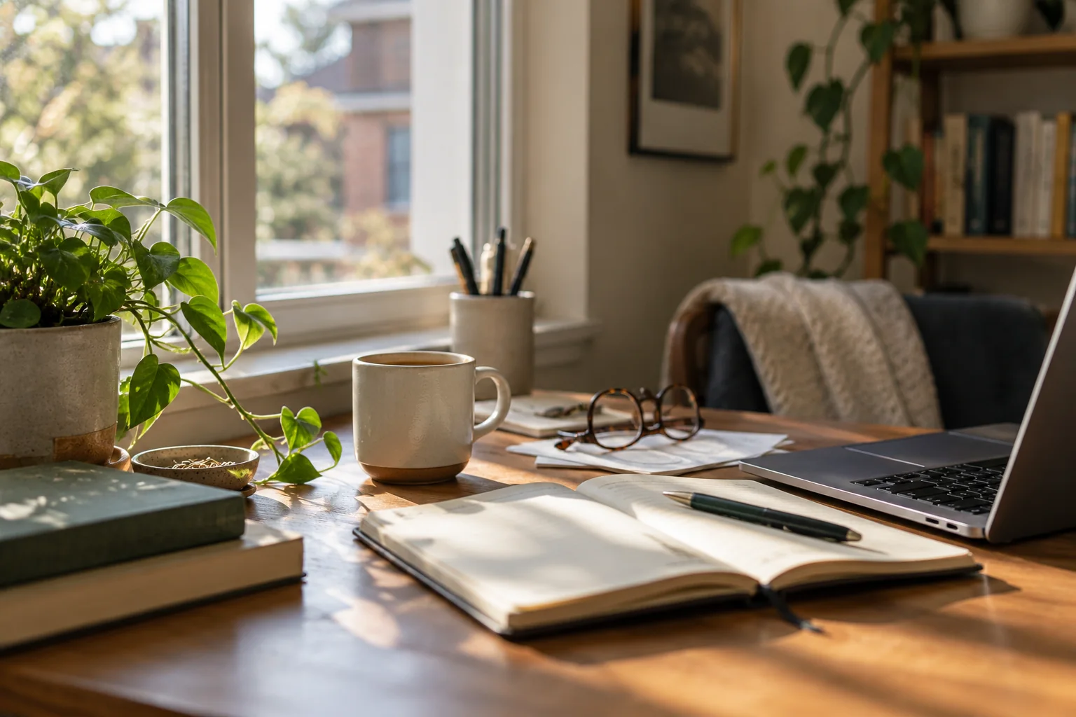 Notebook, laptop and everyday objects on a desk
