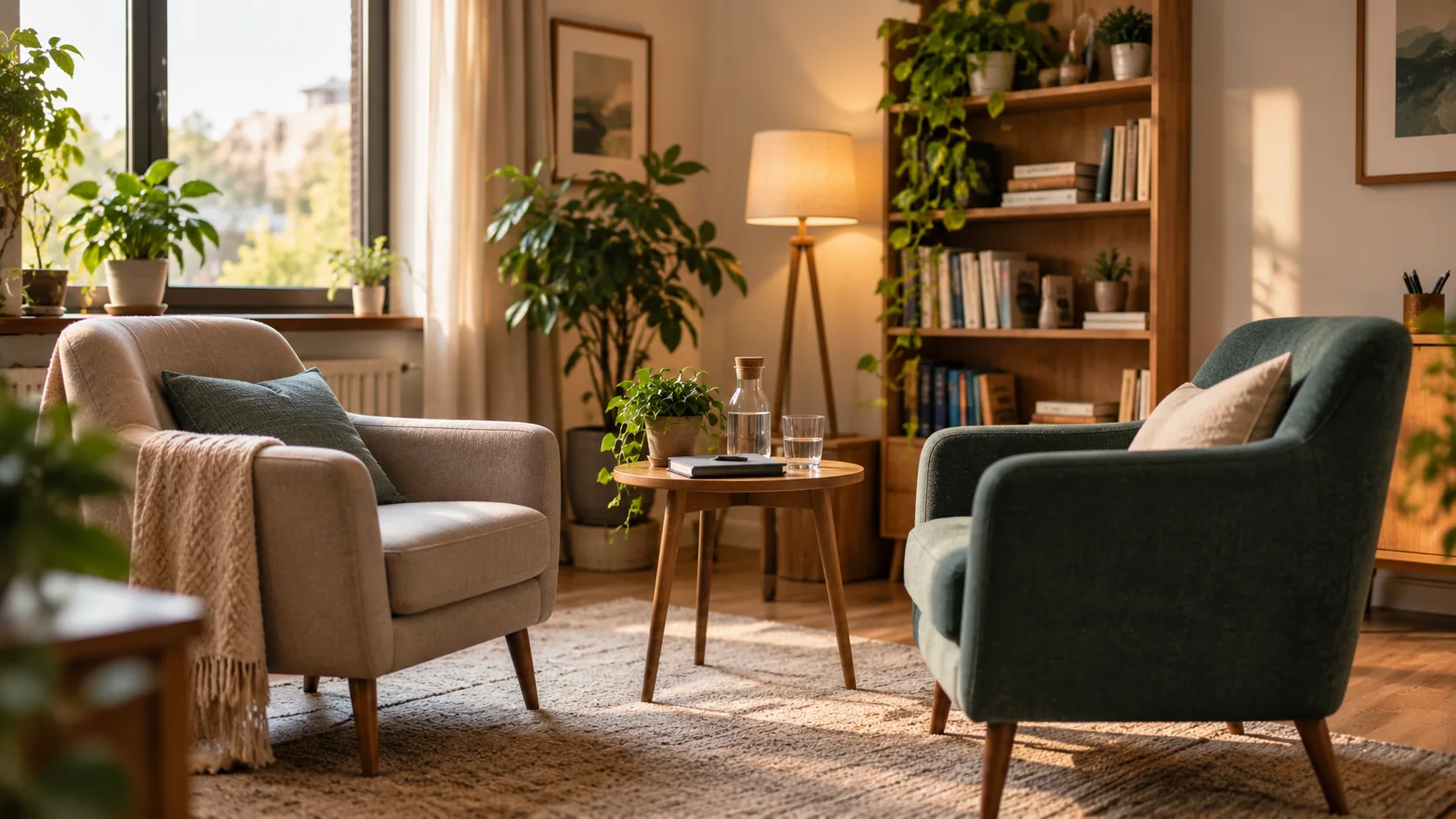 Quiet consultation room with two chairs and a small table